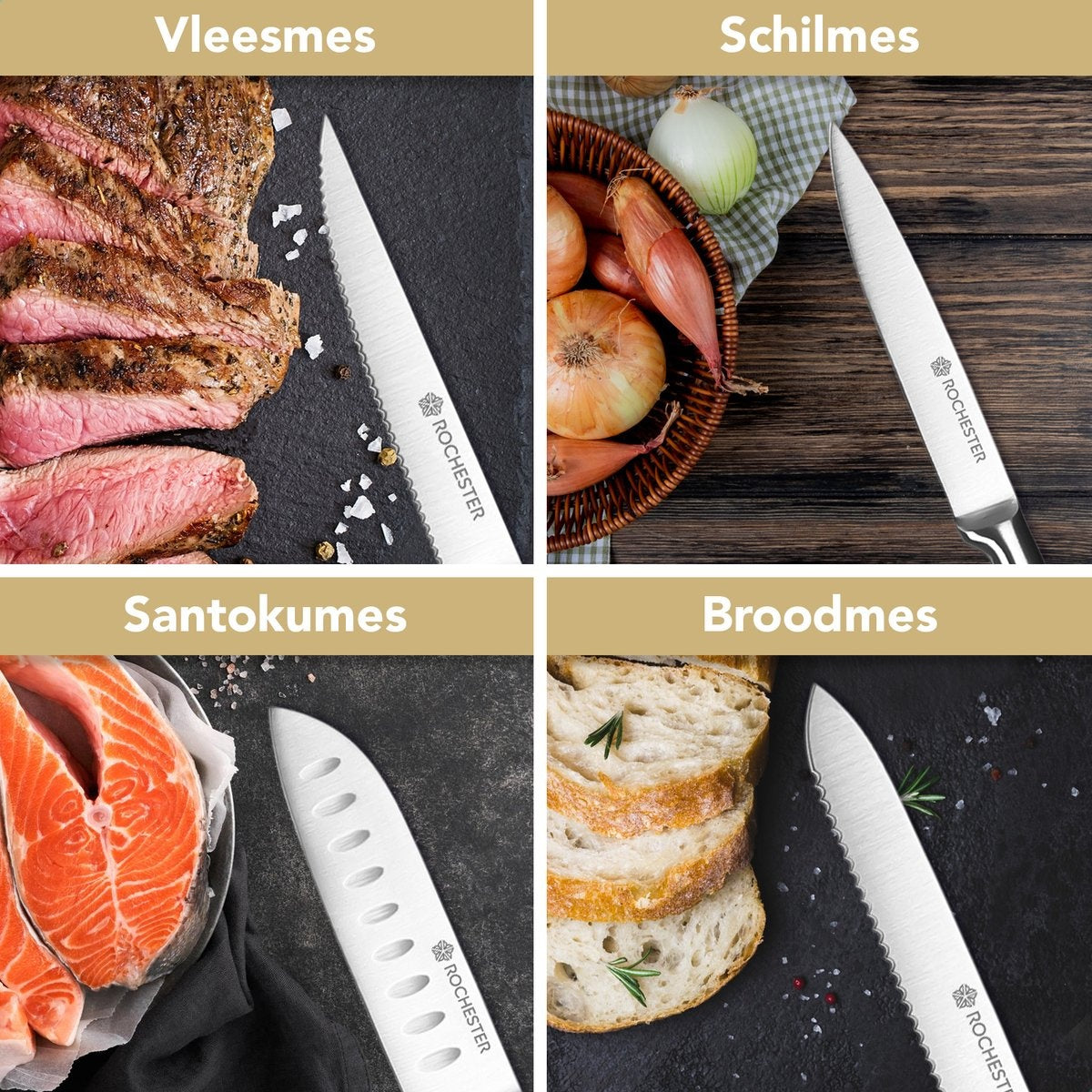 Rochester 14-teiliges Messerset mit Block und Messerschärfer - Küchenmesser mit Messerblock - Rostfreier Stahl - Kratzfeste Beschichtung