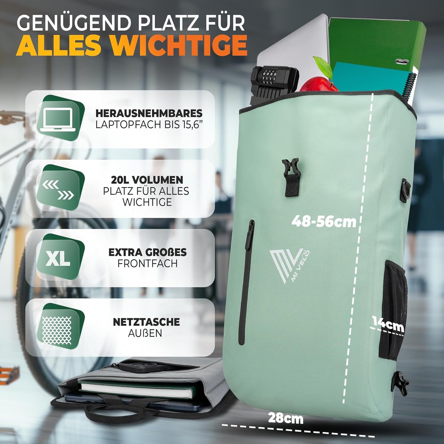 MIVELO 3-in-1 wasserdichte Fahrradtasche mit Laptopfach - PVC-frei - Mint - 20 L