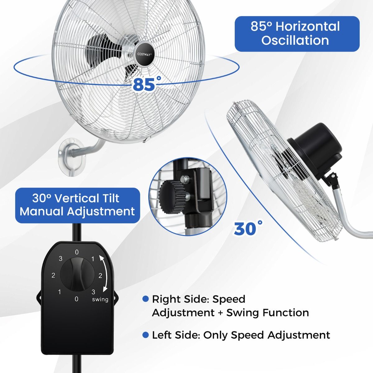 Coast Industrial Wandventilator Ø 56 cm - Silber - 3 Geschwindigkeiten, 85° Oszillation, 30° Kippung