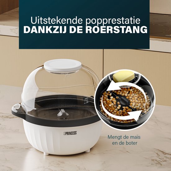 Princess 292980 Popcornmaker – Popcornmaschine 450 W - Transparenter Deckel - Servierschale - Rund - Knuspriges und gesundes Popcorn - mit Messbecher - mit Schmelzplatte für Butter - Öl kann hinzugefügt werden - Kinderparty