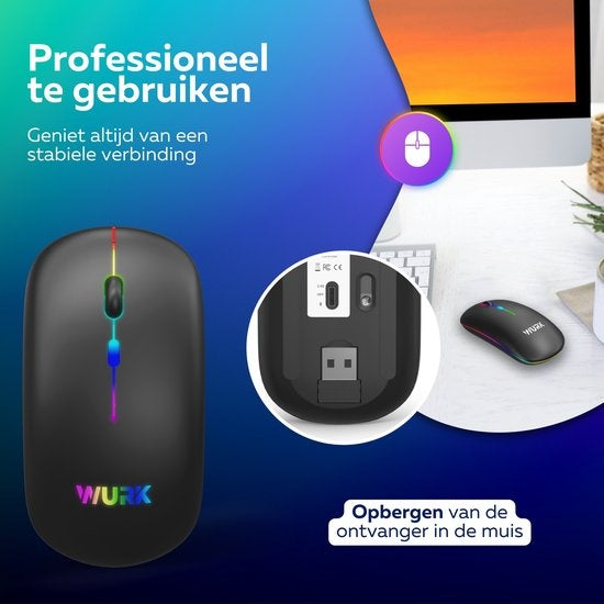 Wurk Wireless RGB Mouse - Wiederaufladbar - Bluetooth 4.0 - 2.4GHz - USB - Drahtlos - Computermaus - Laptop - PC - Schwarz
