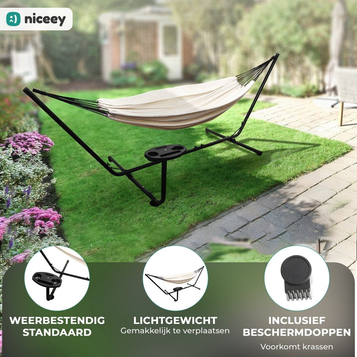Niceey Hangmat met Standaard â€šÃ„Ã¬ 2 Persoons â€šÃ„Ã¬ Incl. Bekerhouder â€šÃ„Ã¬ 250kg - Beige