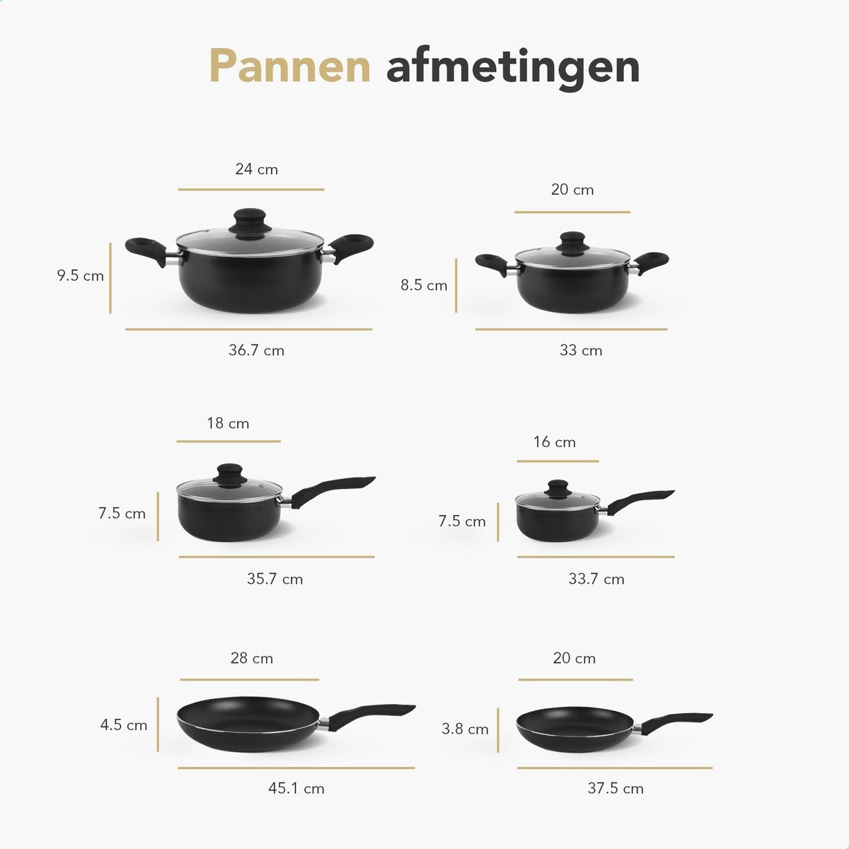 Rochester 18-teiliges Topfset mit Deckel - Kochtöpfe - Bratpfannen Steal Pfannen - Aluminium - Schwarz