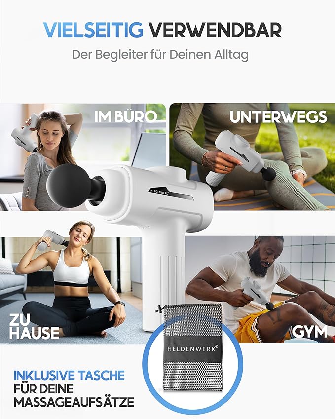 Heroism Massage Gun - 6 Aufsätze, 3200 U/min, USB-C, Muskelmassagegerät - weiß