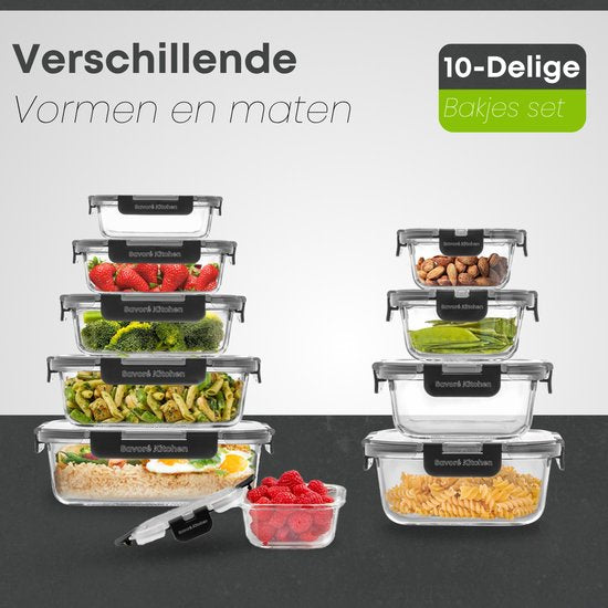 Savoré Küche Aufbewahrungsschalen Set - Mahlzeit Vorbereitung Tabletts - Gefrierschrank Tabletts Glas - luftdicht - 10 Stück