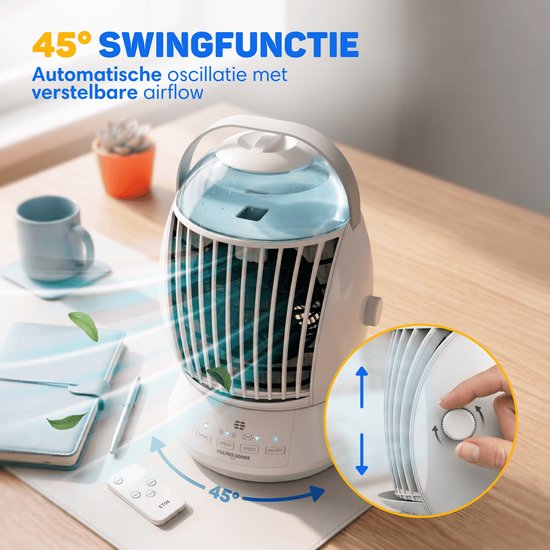 Vulpes Goods® Tech – Mini-Klimaanlage ELITE – Mobiler Luftkühler mit Fernbedienung – 6-in-1-Luftkühler – 3 Luftbefeuchtungsstufen mit Schwenkfunktion – 3 Windgeschwindigkeiten – 100 % auslaufsicher – Inkl. Kabel und Adapter im Lieferumfang enthalten – Für