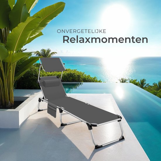 tectake® Liege Aurelie mit Sonnendach und Kissen - Liege - Sonnenliege - Klappbare Balkonliege aus Aluminium - Wetterfeste Gartenliege für Garten, Balkon, Camping und Strand - Verstellbare Rückenlehne mit Kissen - Anthrazit