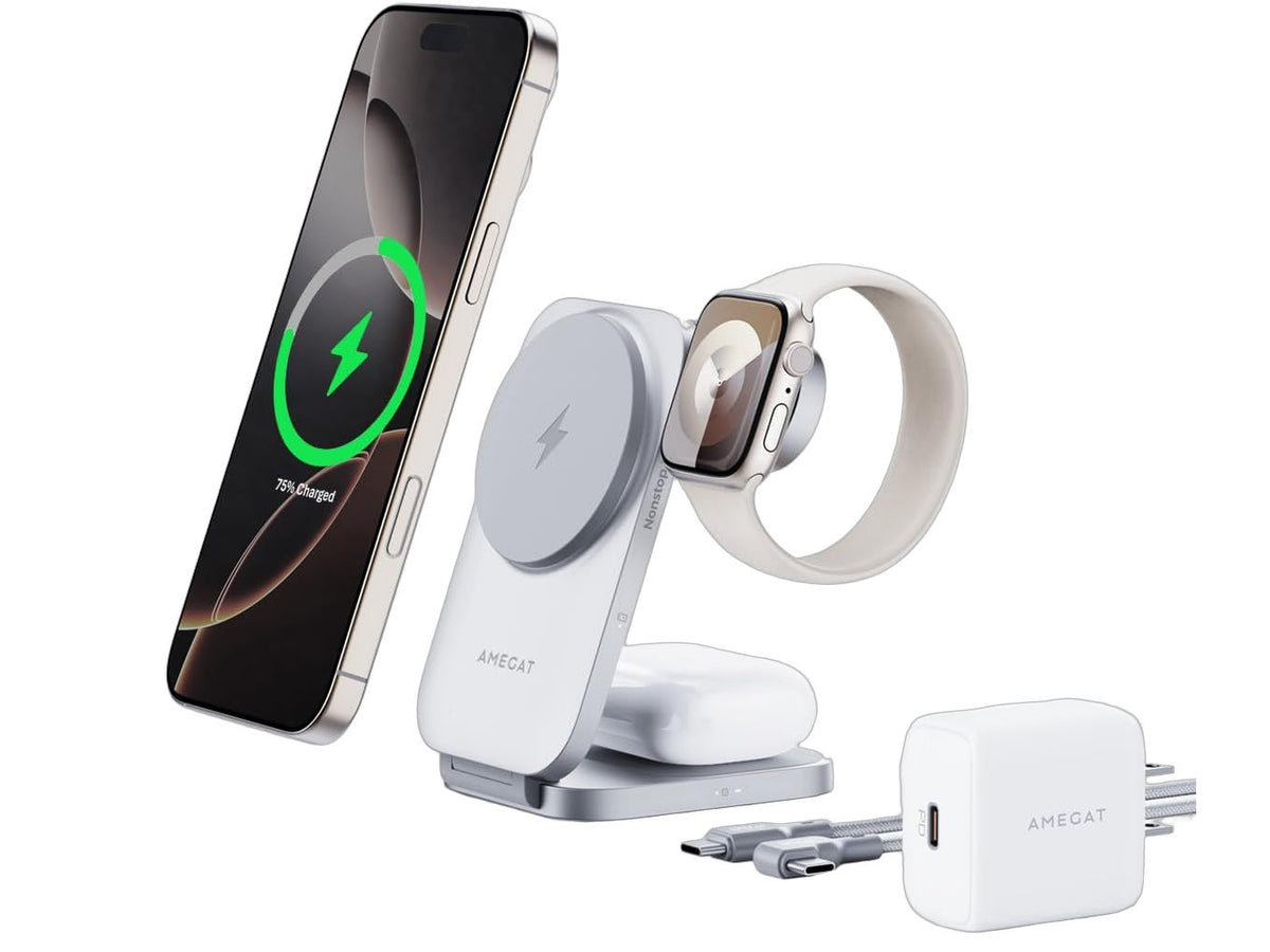 AMEGAT 3-in-1 MagFusion Z Ladestation – Qi2 – 15 W – MagSafe – zusammenklappbar – inklusive 30-W-Adapter