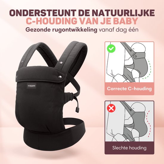 Vulpes Goods® BabyCare - Babytrage - Ergonomische Babytrage 0-36 Monate - Luxus-Bauchtrage bis zu 20 kg - OEKO-TEX® Baumwolle - Freihändiger Komfort - Mit Rückenstütze & M-Position - Schwarz