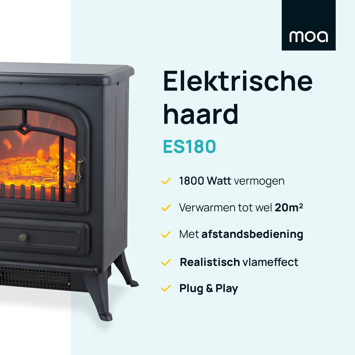 MOA Elektrischer Atmosphären-Kamin - Freistehend - 1800W - Realistischer Flammeneffekt - Kamin - Schwarz