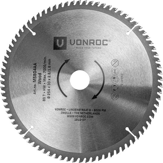 VONROC Sägeblatt - Ø254MM - 80 Zähne - für Holz - geeignet für Kapp- und Tischsägen