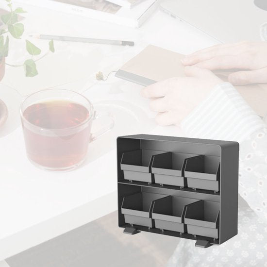 BRASQ Tee-Organizer Schwarz TB100 – Teedose mit 6 Fächern – Küchenorganizer – Teedose – Teebeutelhalter – Platzsparendes Aufbewahrungssystem