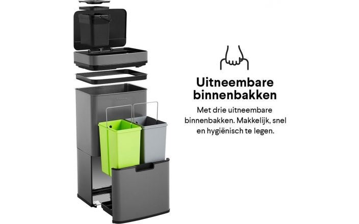 Homra - NEXO Mülleimer - 3 Fächer - 72 Liter (2x12 + 1x48 L) - mit Infrarotsensor - Edelstahl - Grau