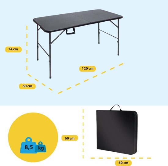 BRASQ Klapptisch, schwarz – 120 x 60 x 74 cm – Campingtisch – Klapptisch – Zusammenklappbar – Wetterfest