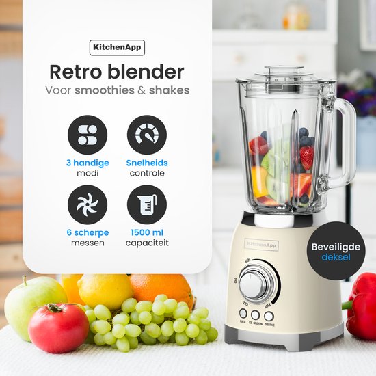 KitchenApp Retro Blender 1.5L - Glaskrug - 800W - Crushed Ice, Smoothie & Pulse - Beige