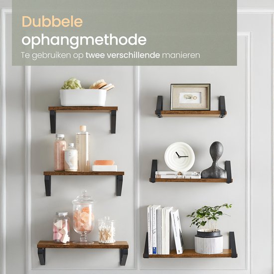 O'DADDY® Schweberegale - Wandregal - Vintage Design - Wandregal - Holzregale für die Wand - Bücherregal - Wandregale & Racks - 3 Stück - Braunes Holz - Schwarzes Metall