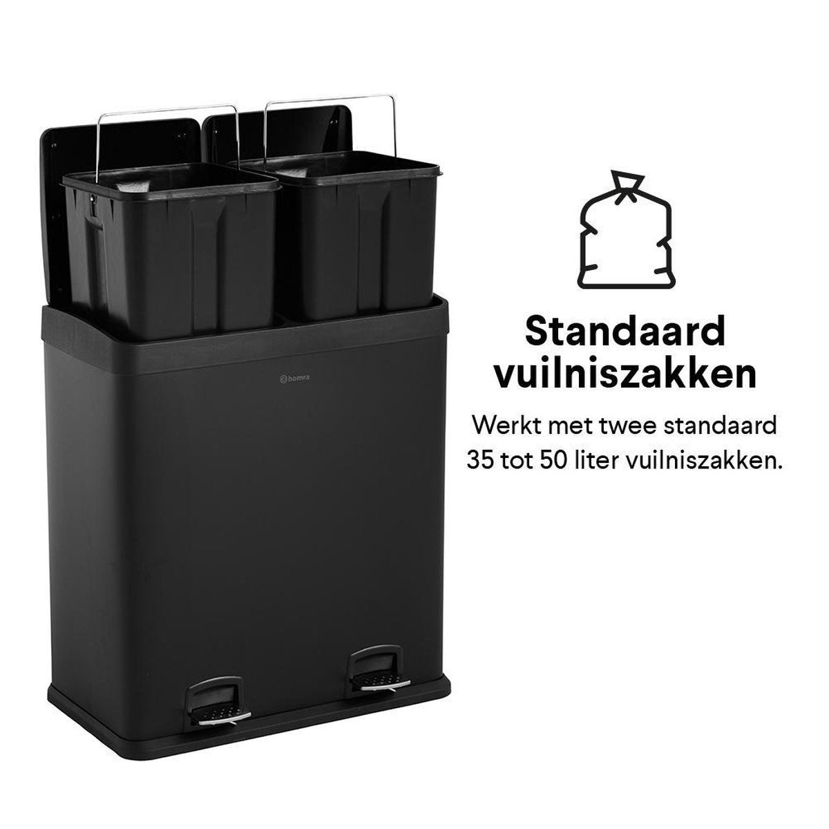 Homra NEVIQ Abfalltrennbehälter mit 2 Fächern - 2 x 30 L Fassungsvermögen - Duo-Tretabfalleimer in Schwarz matt - 2-Fach-Abfalleimer 60 Liter - Hochwertiger Edelstahl - Tretabfalleimer - Hygienische Abfalltrennung - Schwarzer Duo-Mülleimer - Doppelmülleim