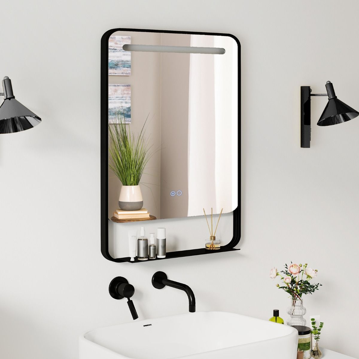 Coast LED-Badezimmerspiegel mit Ablage – Antibeschlagfunktion – einstellbare Farbtemperatur – schwarz – 88,5 x 50 cm
