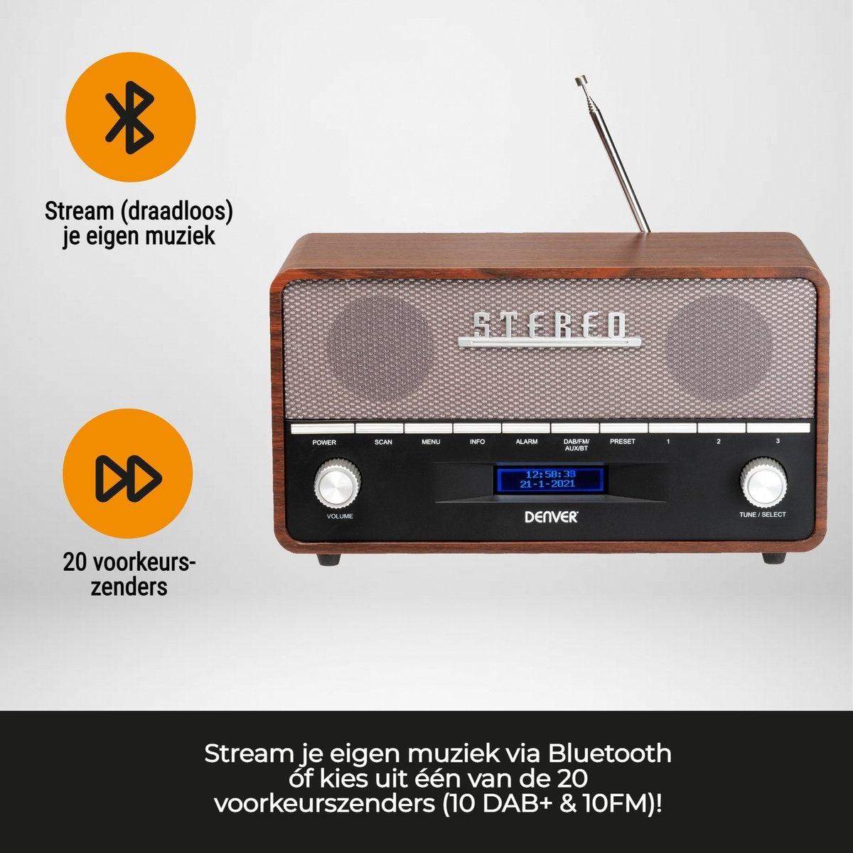 Denver DAB Radio - Retro - XL - DAB+/ FM Radio - Bluetooth - Dimmbar - 100W - Batterien & Netz - Holz