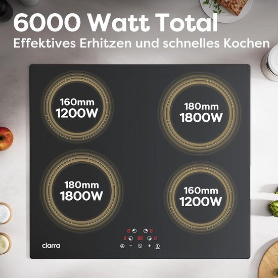 CIARRA CABBIH4-A – 60 cm Einbau-Induktionskochfeld mit 4 Kochzonen – 6000 Watt