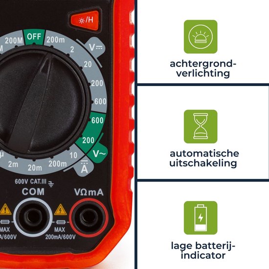 Velleman Digitalmultimeter, geeignet zum Messen von AC/DC-Strom, AC/DC-Spannung, Widerstand, Transistor, Dioden und Durchgang, einschließlich Messleitungen