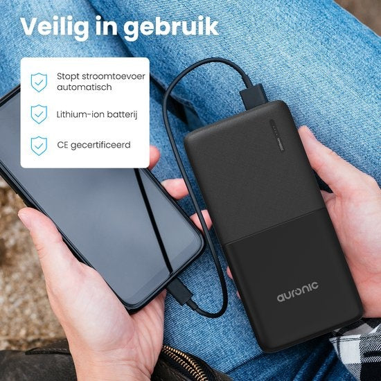 Auronic Powerbank - 20.000 mAh - 4 Anschlüsse - 2,4A USB/Micro-USB/USB-C - Inkl. Kabel - Schwarz