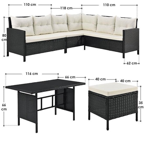 Lounge-Set Manacor - Polyrotan - Schwarz/Weiß