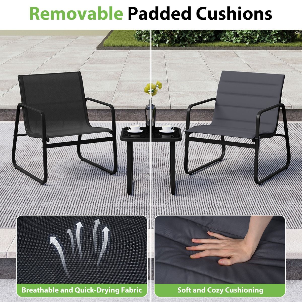 Coast 3-teiliges Gartenset – Gartenstühle mit abnehmbaren Kissen – Beistelltisch mit gehärtetem Glas – grau und schwarz
