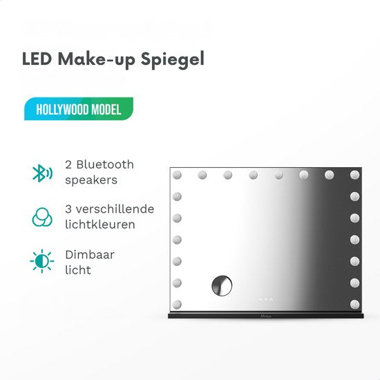 Mirlux Hollywood Mirror 80x60CM - 2 Bluetooth-Lautsprecher - USB & USB-C Ladeanschlüsse - LED-Beleuchtung - Schminkspiegel - 10x Zoom - Aufhängbar - Schwarz