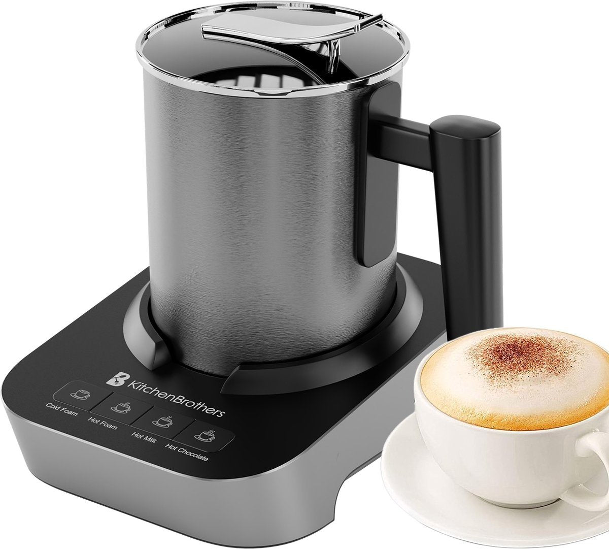 KitchenBrothers - Elektrischer Milchaufschäumer - Spülmaschinengeeignet - 4-in-1 - 400 ML - Edelstahl/Schwarz