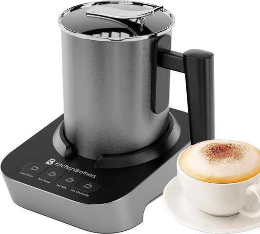 KitchenBrothers - Elektrischer Milchaufschäumer - Spülmaschinengeeignet - 4-in-1 - 400 ML - Edelstahl/Schwarz