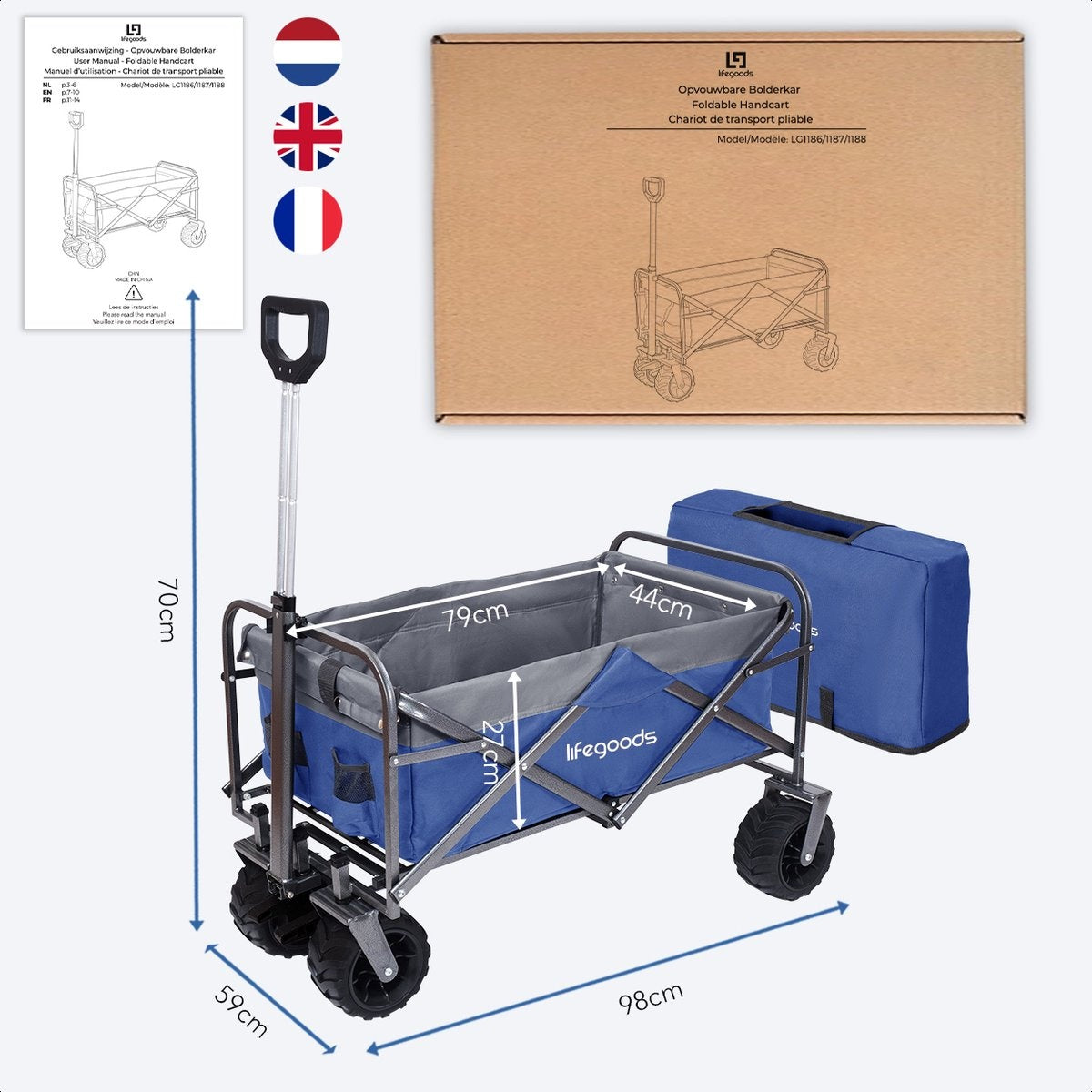 LifeGoods Wagon - faltbar - bis zu 80KG - 94L - waschbares Polyester - 98x45cm - Blau/Grau