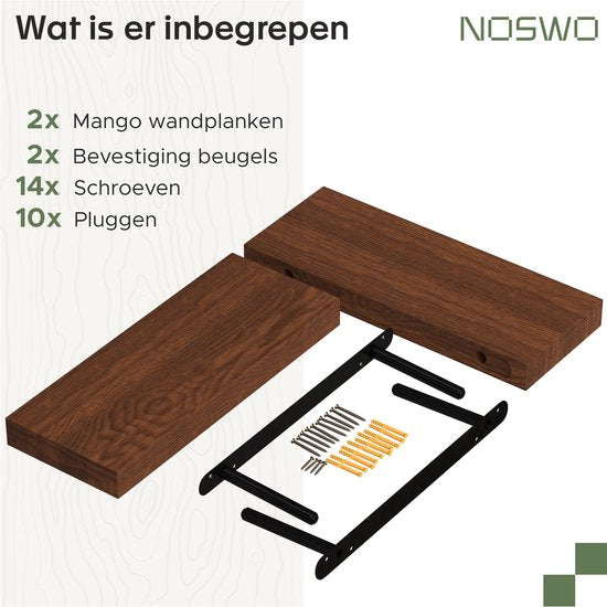 Noswo Schwebendes Wandregal - 2er Set mit 15 kg Belastbarkeit - Massives Mangoholz - Wandregal - 43x16,8 x4 cm - Kann als Wandregal, Bücherregal und Fotoregal verwendet werden - Inklusive Befestigungsmaterial