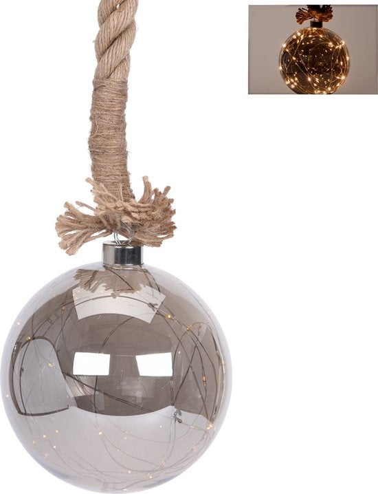 Glaskugel mit 30 LEDs - 15cm - Juteseil 100cm