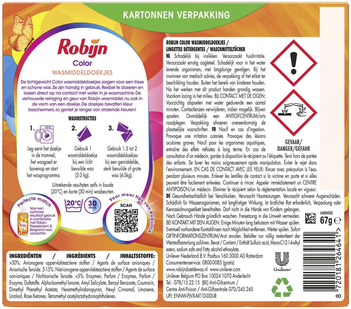 Robijn Color Waschtücher – 10 Packungen – 160 Waschstreifen – Farberhalt