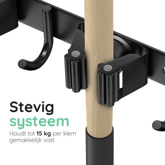 Volcan Besenhalter - Besen Aufhängesystem Gartengeräte - Werkzeughalter - 3M Band - 7 Halter 8 Haken - Edelstahl Schwarz