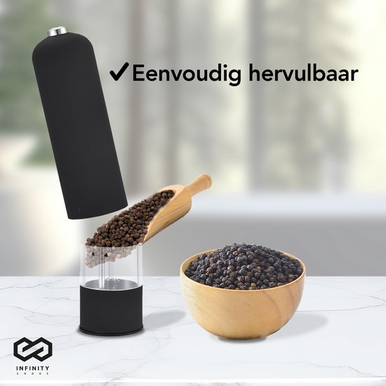 Infinity Goods Elektrisches Pfeffer- und Salzmühlen-Set - Pfeffermühle - Salzmühle - Einstellbares Mahlwerk - Gewürzmühle - Schwarz