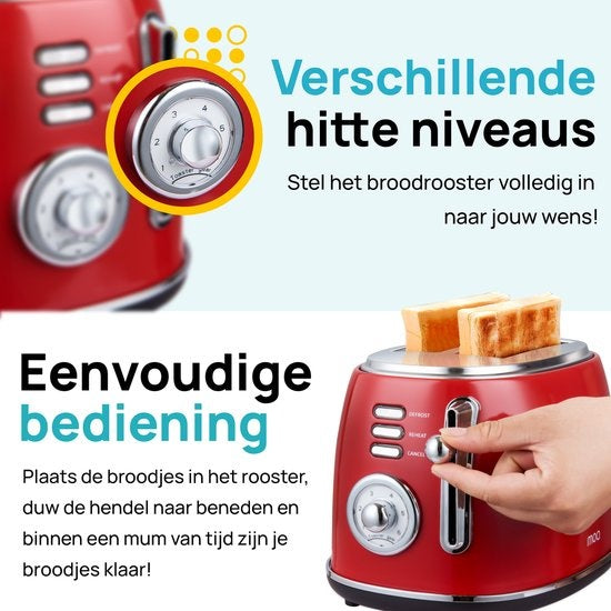 MOA Retro-Toaster - 6 Heizstufen - 2 extra breite Schlitze - 850W - Aufwärm- und Auftaufunktion - Rot - T3R