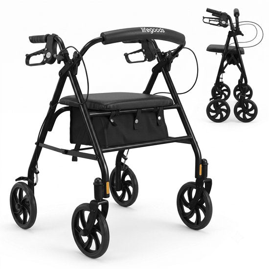 LifeGoods Basic Rollator – Leicht und zusammenklappbar (8,7 kg) – Mit Sitz und Rückenlehne – Für drinnen und draußen – Höhenverstellbar – Tragkraft bis zu 136 kg – Schwarz