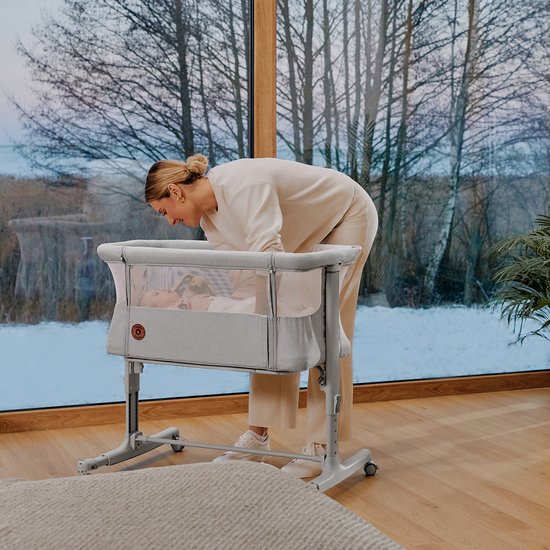 Lionelo Aurora 3-in-1-Beistellbett – Babybett bis 9 kg – Mitwachsbett – 4 Rollen mit Bremse – Reisebett – Höhenverstellbar – Atmungsaktives Netzgewebe – Inklusive Matratze und Transporttasche – Abnehmbarer Bezug