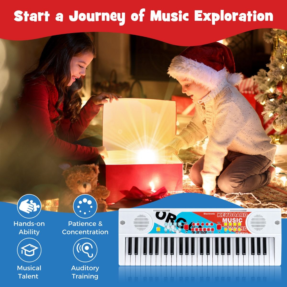 Coast Kinderkeyboard – 49 Tasten – tragbares elektrisches Keyboard – 8 Rhythmen – weiß