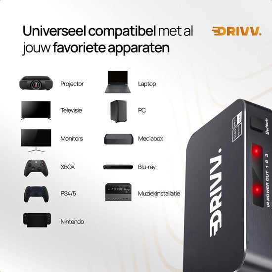 Drivv. HDMI Umschalter 4K 60Hz - 3 Eingänge 1 Ausgang - Inklusive Fernbedienung - Automatische Umschaltung - 780/1080p/4K - Schwarz