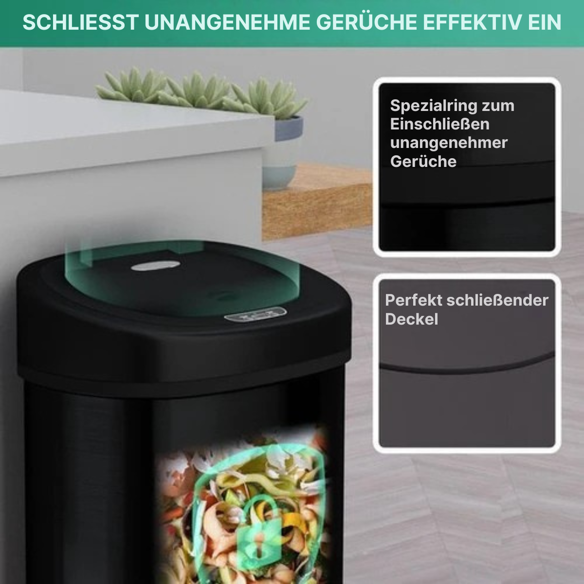 Avalo - Abfalleimer mit Sensor 50L - Edelstahl - Soft Close/ Fingerabdrucksicher/ Hygienisch - Schwarz