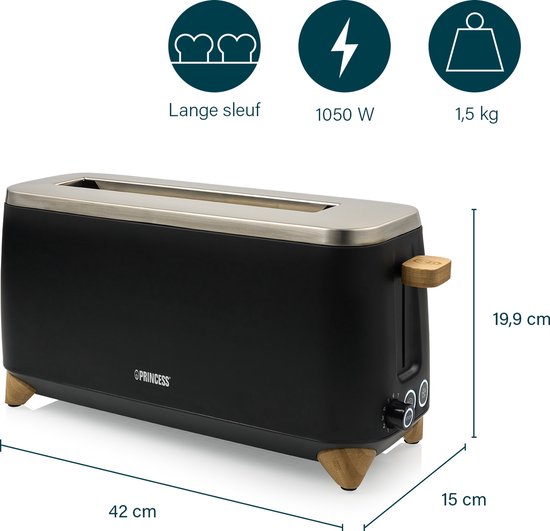 Princess 142361 Toaster Pure – 6 Bräunungsstufen – 1000 W – Bambus – schwarz