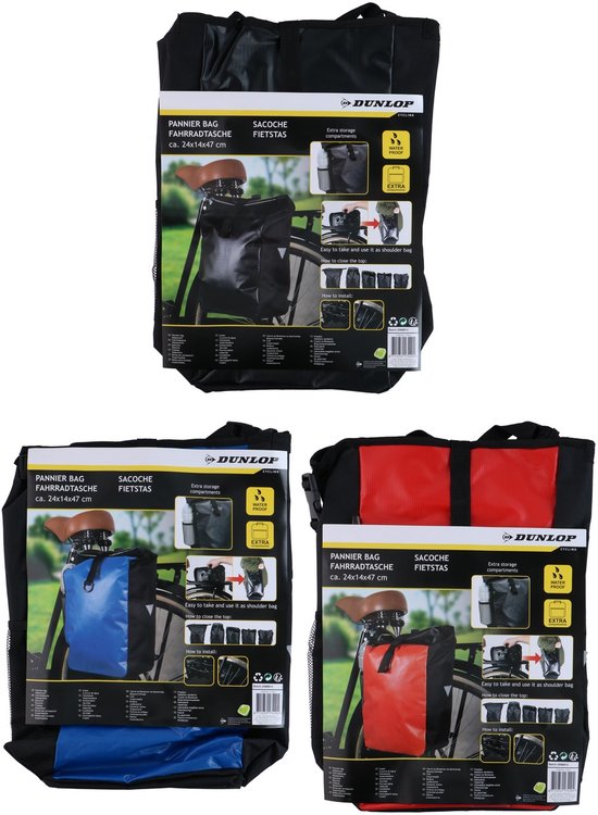 Dunlop 4-in-1 Fahrrad-Rucksack, wasserdicht – Fahrradtasche, Rucksack – 16 l – Handtasche oder Umhängetasche – Schwarz/Rot/Blau