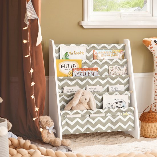 SoBuy KMB50-HG Kinderbücherschrank – Grauer Holzverbundwerkstoff mit 7 Fächern