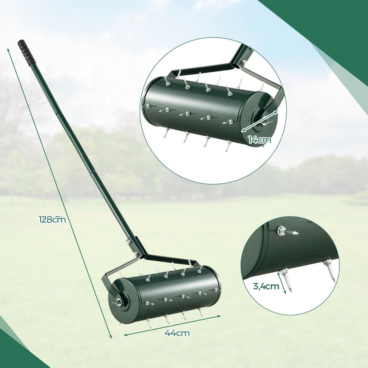 Coast Lawn Aerator Manual 44 x 128 cm - Grün - Rollende Rasenwalze mit Nägeln und Griff