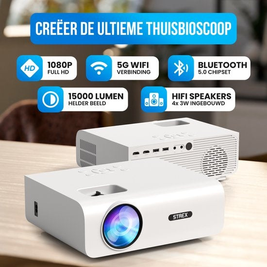 Strex - Beamer - 1080P Full HD - 15000 Lumen - Kabellos - Inklusive Tasche/Projektionsleinwand - WiFi - Bluetooth - Weiß