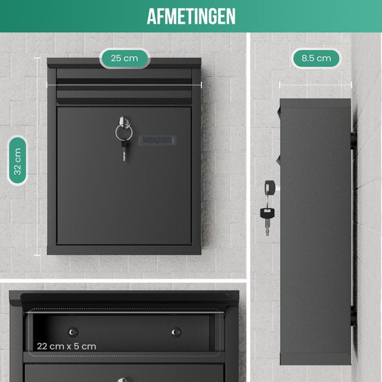 Avalo Briefkasten Schwarz Edelstahl - Wandbriefkasten - Inkl. Montagematerial & 2 Schlüssel
