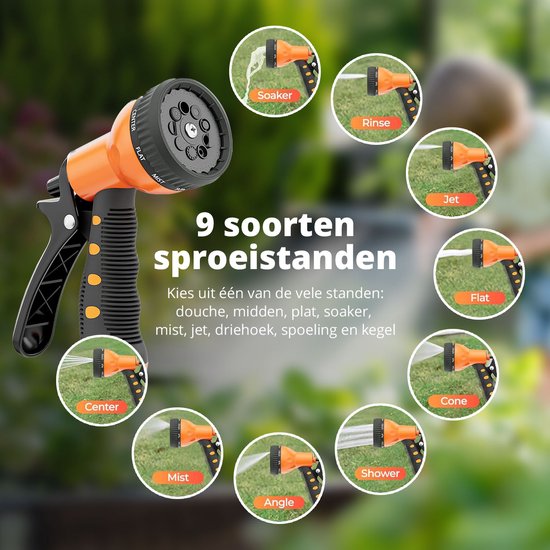 FlinQ Gartenschlauchtrommel 10 Meter - Automatische Schlauchtrommel - 180° drehbare Wandtrommel - Wandschlauchbox mit Gartenschlauch, Trommel und Sprinklerkopf - 9 Sprühmodi
